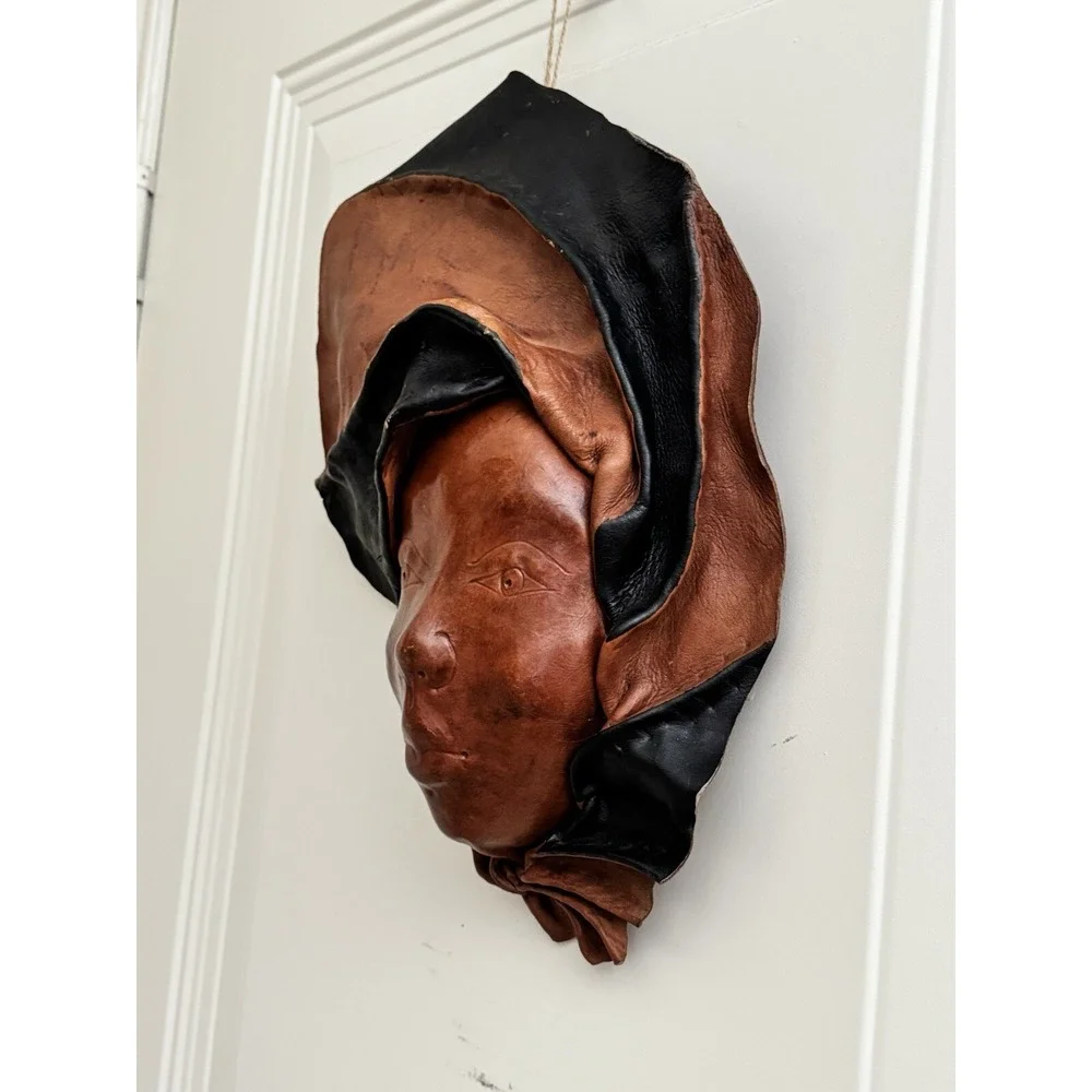 Vintage Africa Tribal‎ Leather Face Mask Hand Sculptured Decorative Wall Art